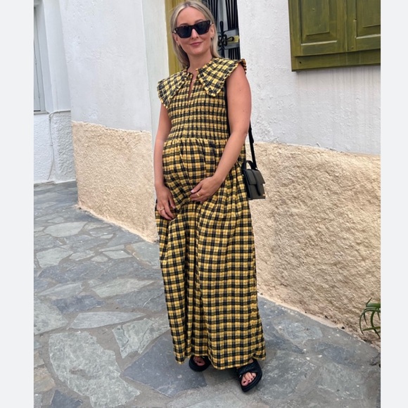 GANNI Collared Plaid Shirred Gingham Seersucker Yellow Maxi Midi Dress 36/ US 6 - Picture 4 of 8